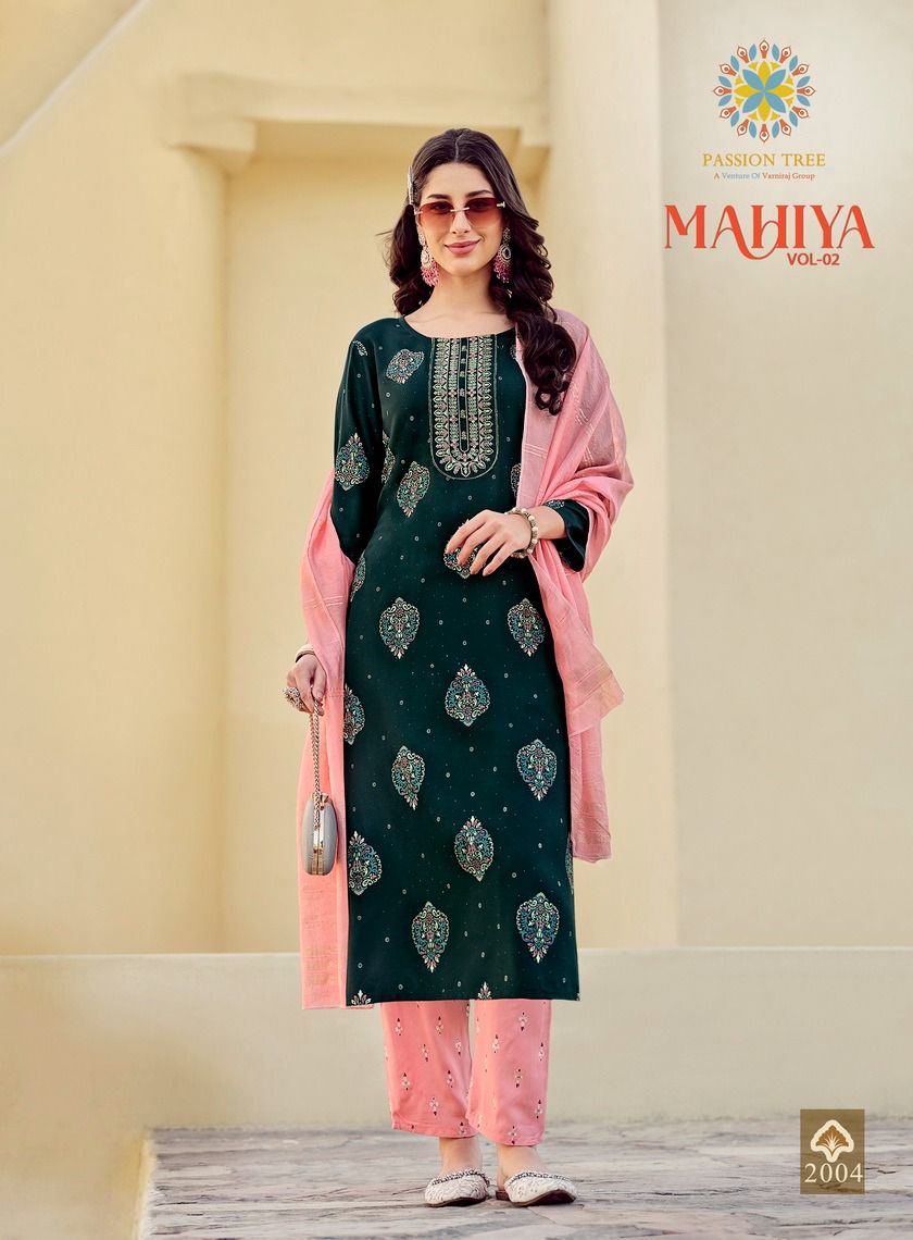 Mahiya Vol 2 By Passion Tree Rayon Gold Printed Kurti With Bottom Dupatta Wholesale Online